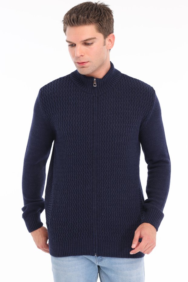 Navy Blue Men's 80% Wool 20% Acrylic Zigzag Knit Patterned Pocketed Full Zipper Stand Collar Knitwear Cardigan Trist-5368