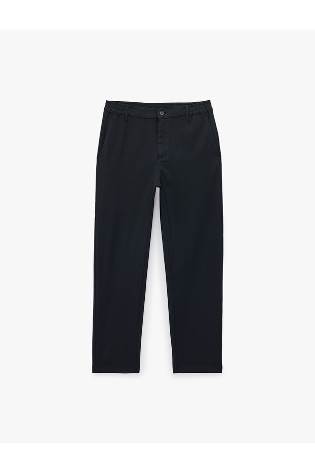 Viscose Blended Pocketed Elastic Waist Buttoned Slim Fit Pleated Fabric Trousers