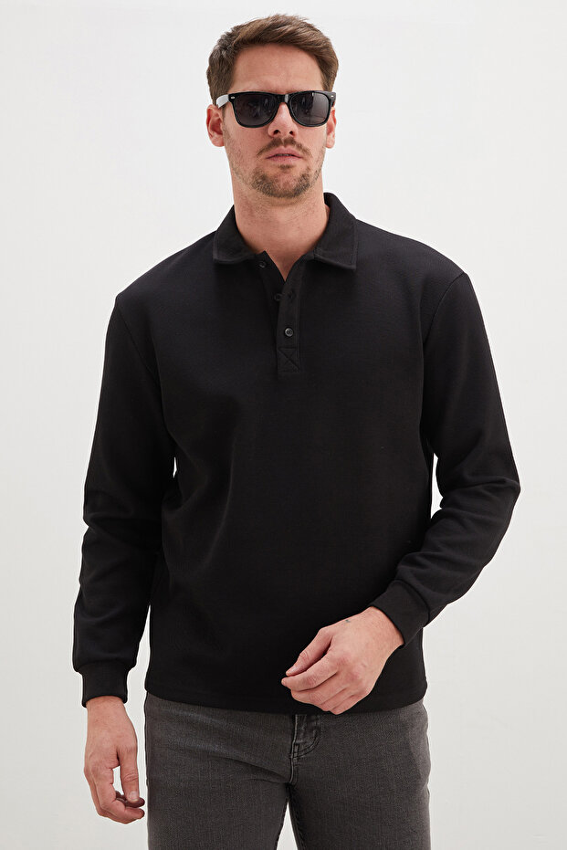 Half Button Polo Collar Pique Sweatshirt