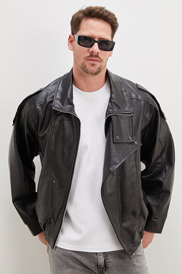 Zippered Stand Collar Faux Leather Coat