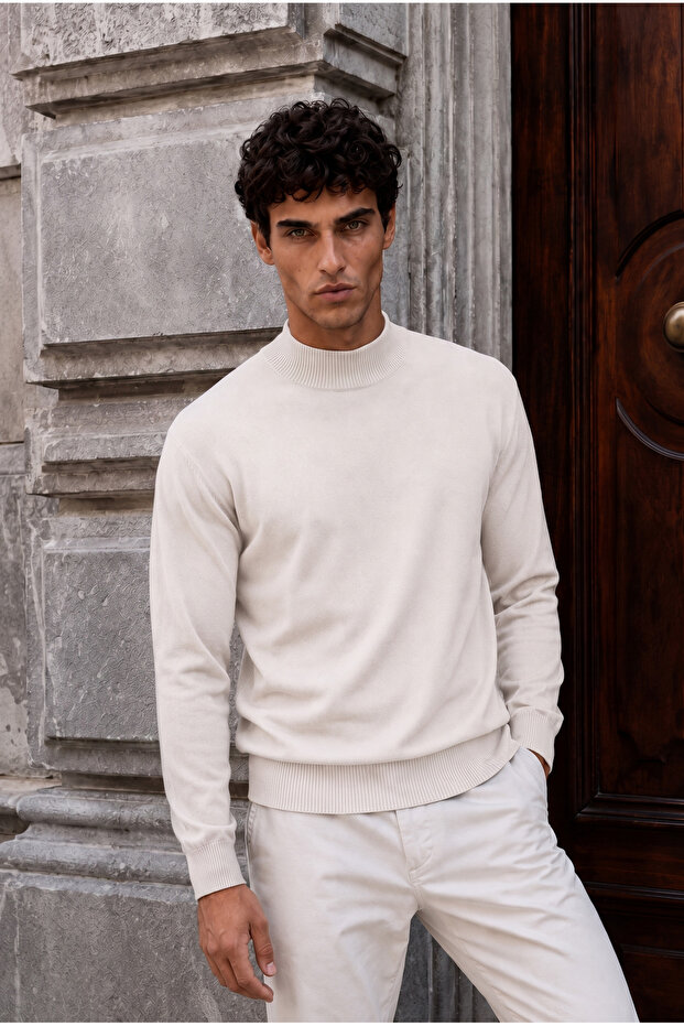 Belmando Half Turtleneck Plain Knitted Thin Men's Sweater - Stone