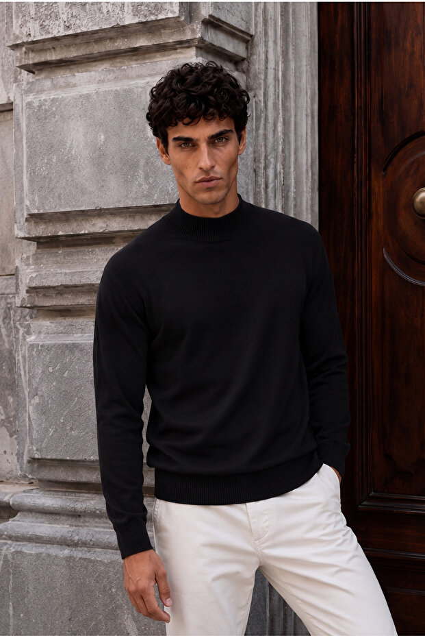 Belmando Half Turtleneck Plain Knitted Slim Men's Knitwear Sweater - Black