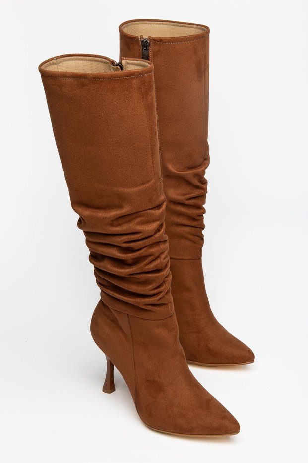 Tmara Women's Tan Suede Drawstring Zippered Heeled Long Boots