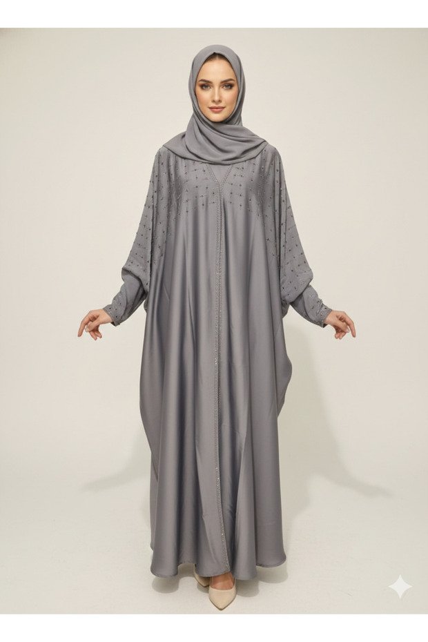 Storm Grey Butterfly Abaya | Rizqé Silver Geometric Hand-Embellishment with Dramatic Farasha Drape