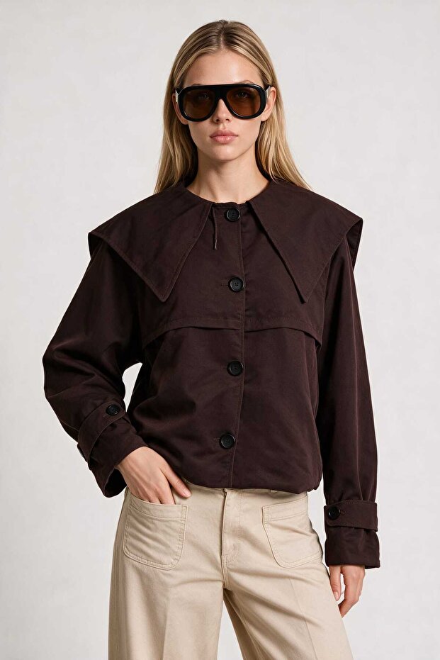 Wide Collar Short Trench Coat Laz0018 Brown