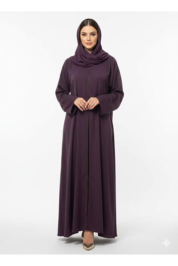 Deep Plum Beaded Abaya | Rizqé Luxury Hand-Stitched Linear Trim with Classic Straight Sleeves