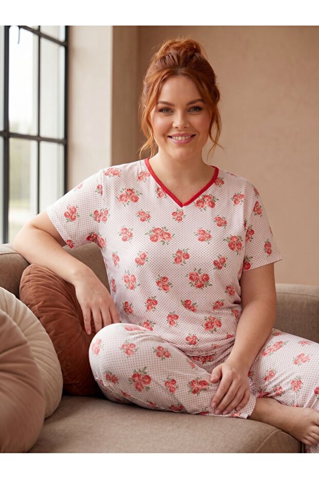 Rose Patterned Polka Dot Plus Size Pajama Set