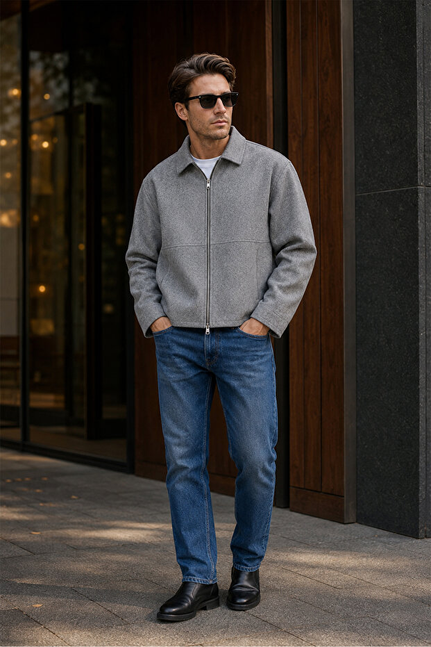 Men's Relax Fit Premium Jacket Cashmere Coat Gray
