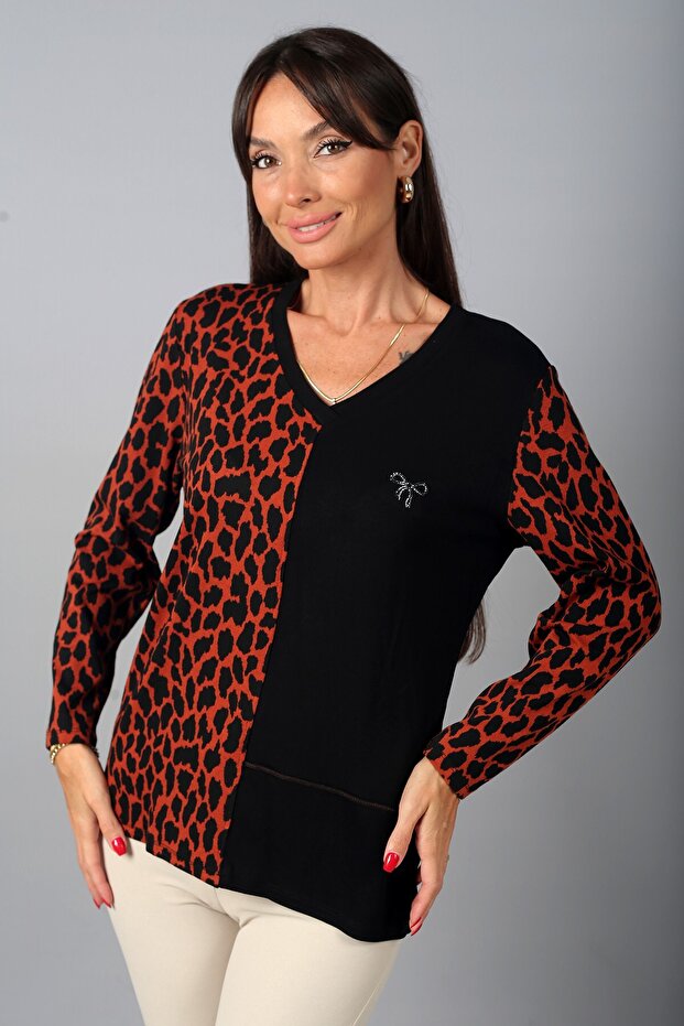 Women's Leopard Patterned V-Neck Long Sleeve Blouse with Bow Accessory on the Front