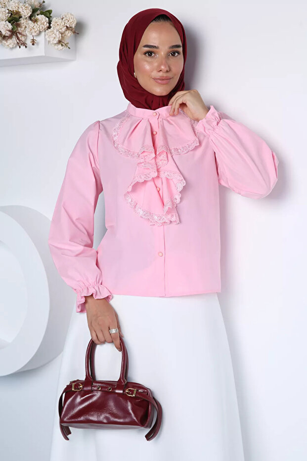 Pink Ruffle Collar Lace Embroidered Hijab Shirt
