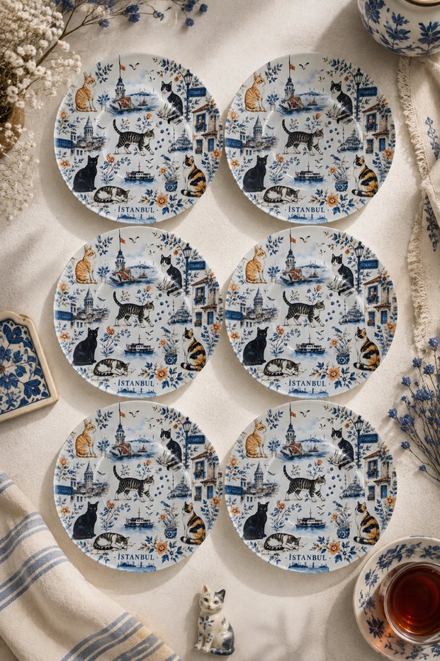 6-Piece Glass Tea Plate - Istanbul Cats and City Themed Pattern 12 cm - 6 Tea Plates