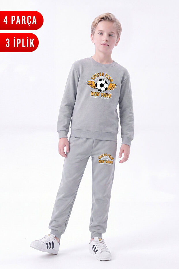3 Thread Printed Boys' Double Pocket Crew Neck Sweatshirt Set