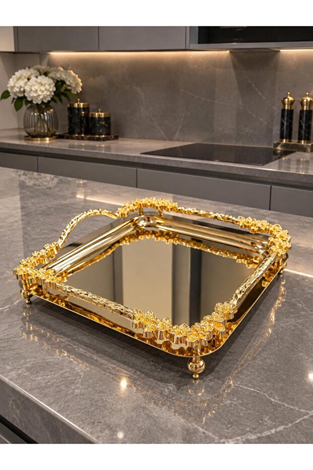 Luxury Gold Handle Rose Detailed Footed Square Tray for Promise, Engagement, Dowry, Coffee, Tea Presentation
