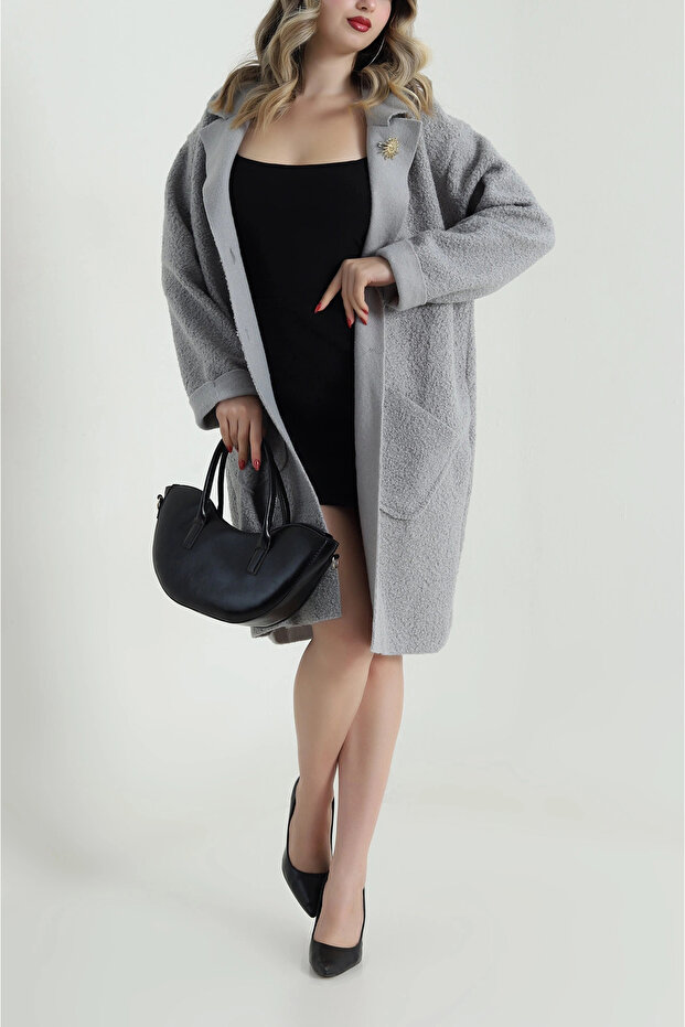 Women's Boucle Fabric Buttoned Pocketed Double-Breasted Collar Long Jacket