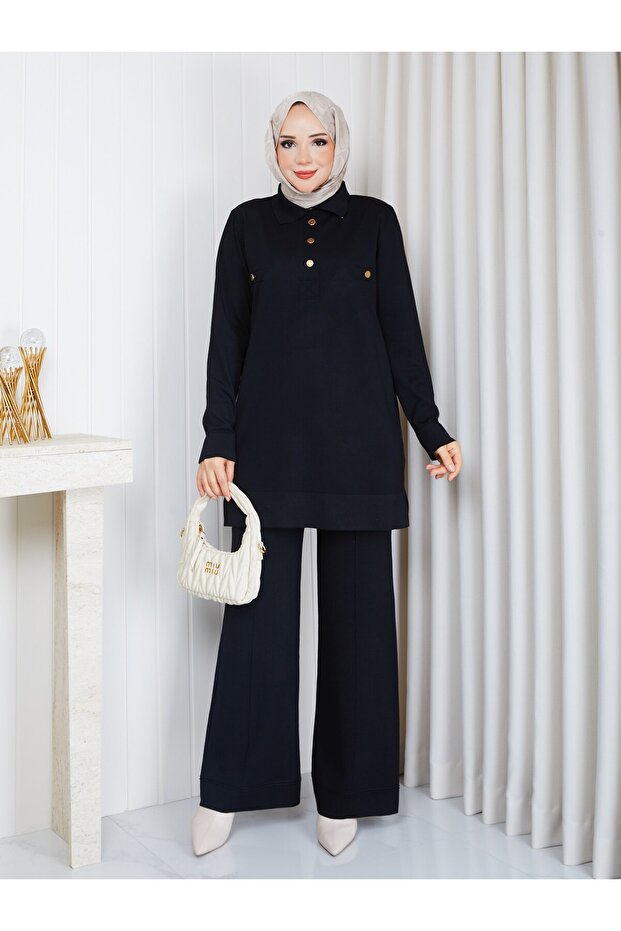 Knitwear Polo Collar Two-Piece Set with Trousers Black