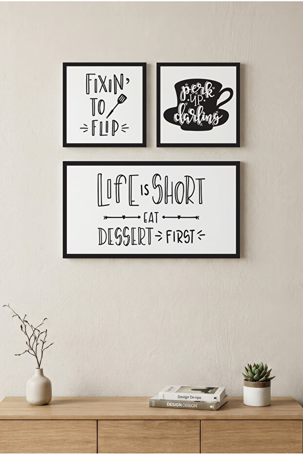 Kitchen and Coffee Corner Concept - 3-Piece Black Wooden Frame Look Mdf Table Set
