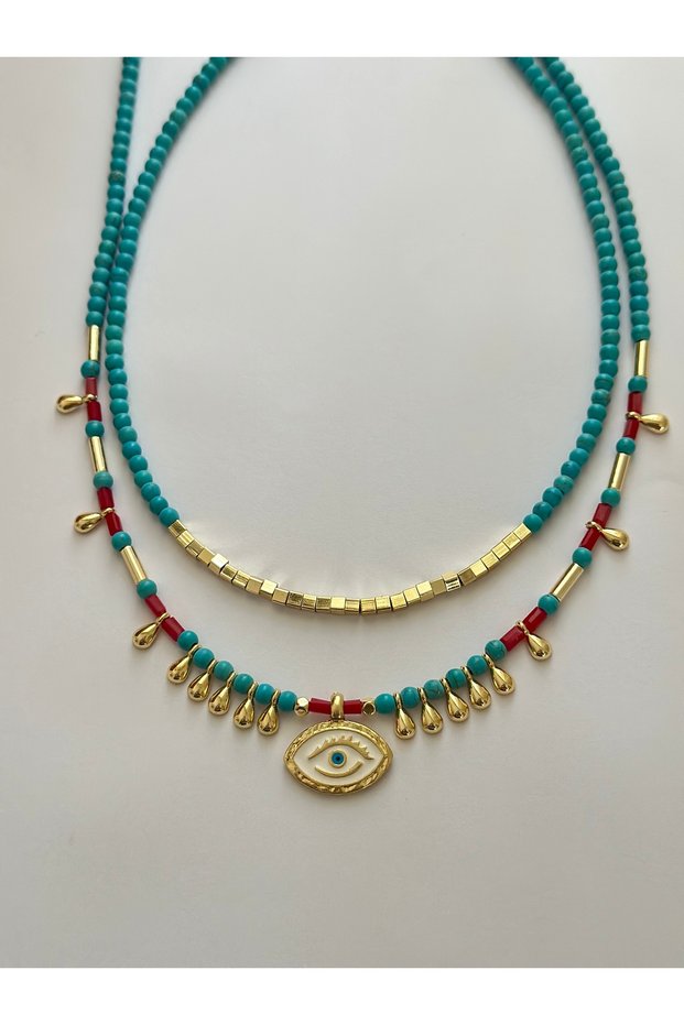 Double turquoise bead necklace, two-piece necklace set, trendy necklace