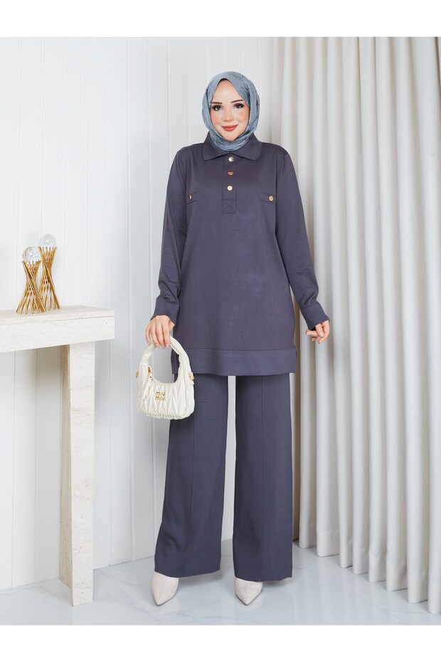 Knitwear Polo Collar Two-Piece Set with Trousers Gray