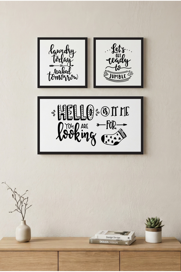 Humorous Laundry Room Themed - Set of 3 Black Wooden Frame Look Mdf Paintings