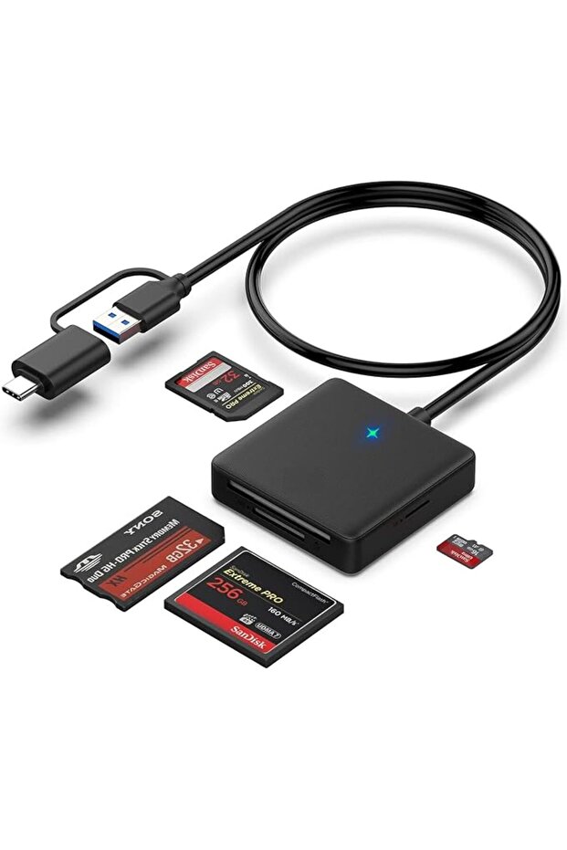 قارئ بطاقات الذاكرة، 4 في 1، يدعم USB 3.0 و USB-C، محول قارئ بطاقات SD و Micro SD و MS و CF، صغير الحجم وعالي السرعة.