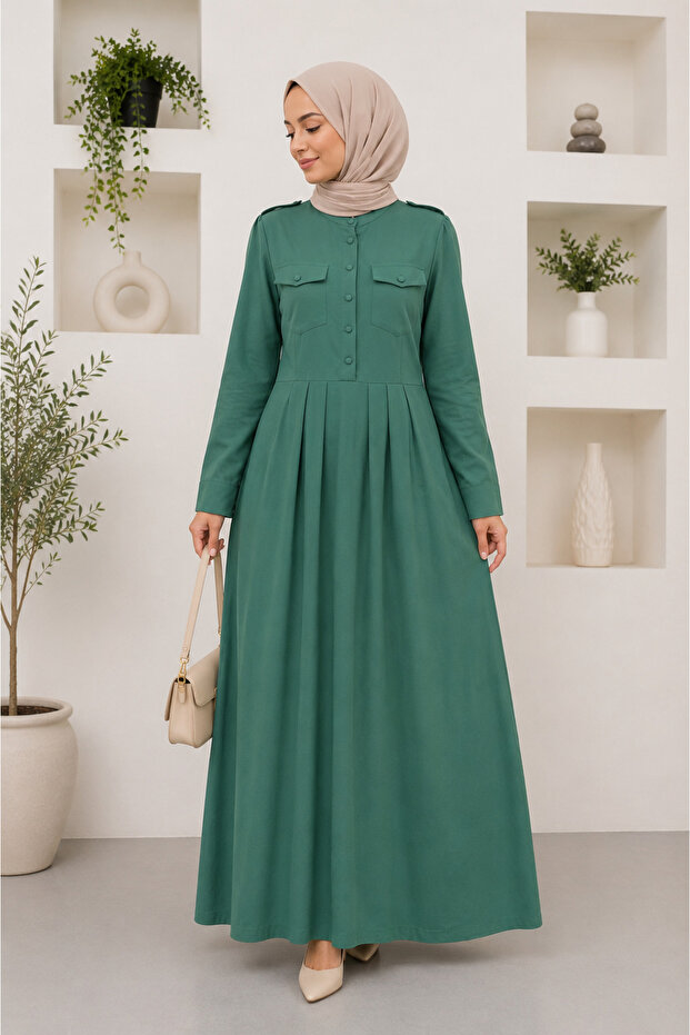 Long Dress with Shoulder Epaulettes and Pocket Detail