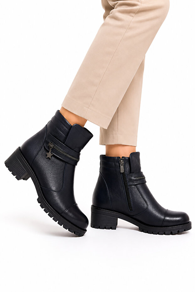 Orbuh zipper velcro women's genuine leather boots navy blue skin