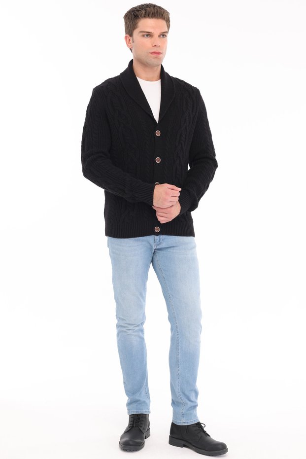 Black 80% Wool 20% Acrylic Hair Knit Patterned Buttoned Shawl Collar Knitwear Cardigan Trist-5369