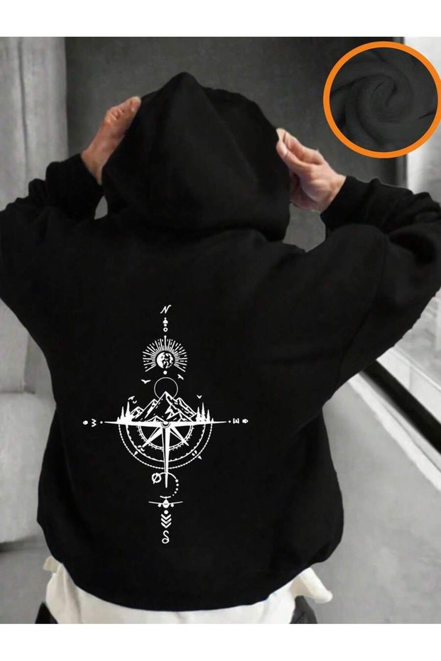 Black Compass Design Sweatshirt - Printed Oversize Hoodie with Hood