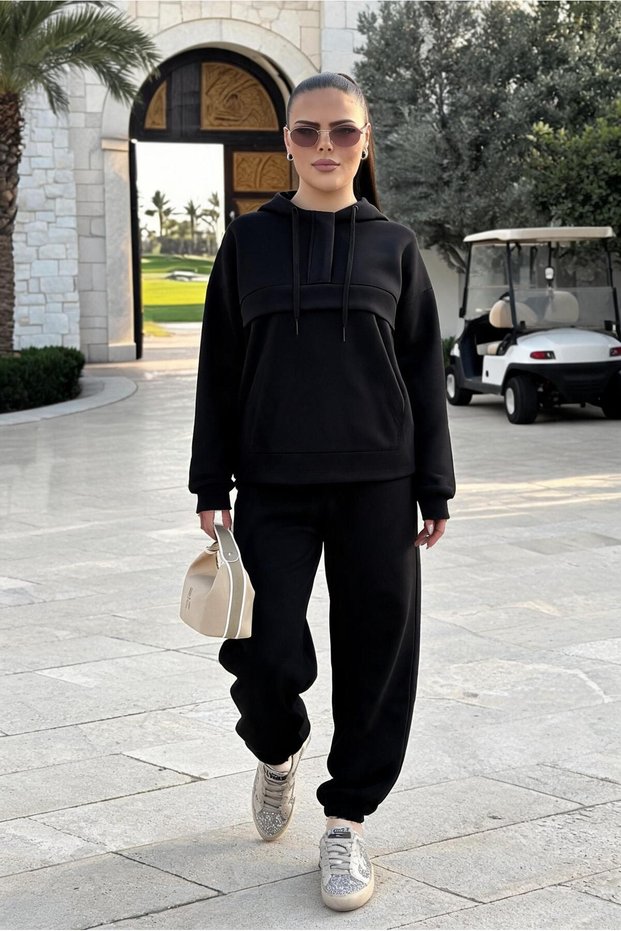 Kangaroo Pocket Modal Tracksuit Set – Hooded - Black