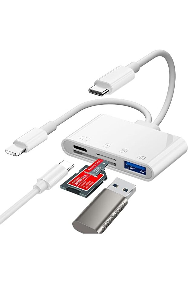 قارئ بطاقات SD لأجهزة آيفون وآيباد، قارئ بطاقات SD 4 في 1 مع منفذ USB-C وLightning، عارض بطاقات الكاميرا