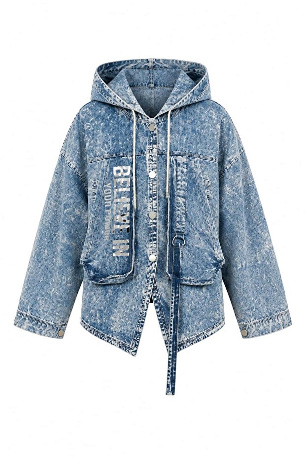Women's Hooded Oversize Washed Thin Denim Jacket Fk3535