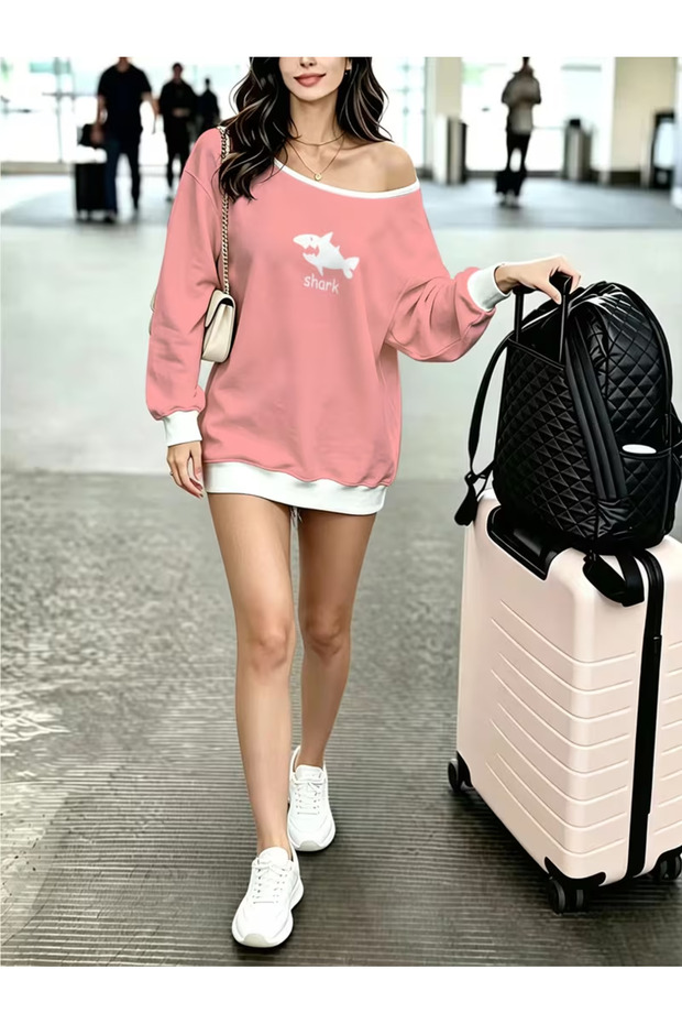 Women's Shark Printed Boat Neck New Season Oversize Sweatshirt Dress