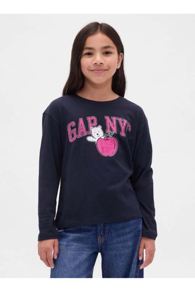 Gap girls' nyc apple logo long sleeve t-shirt, ages 6-16, navy