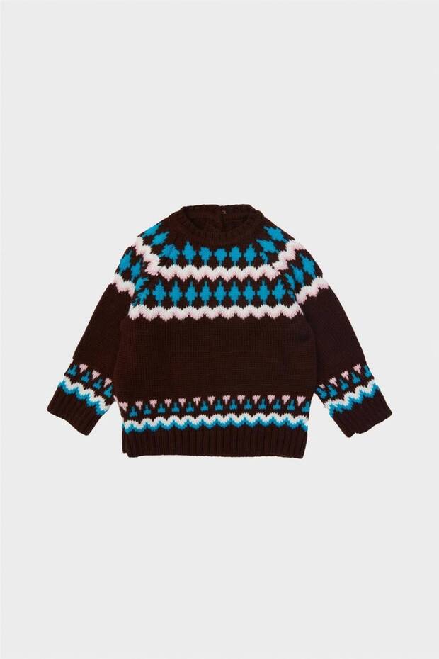 Brown Jacquard Patterned Crew Neck Knit Sweater