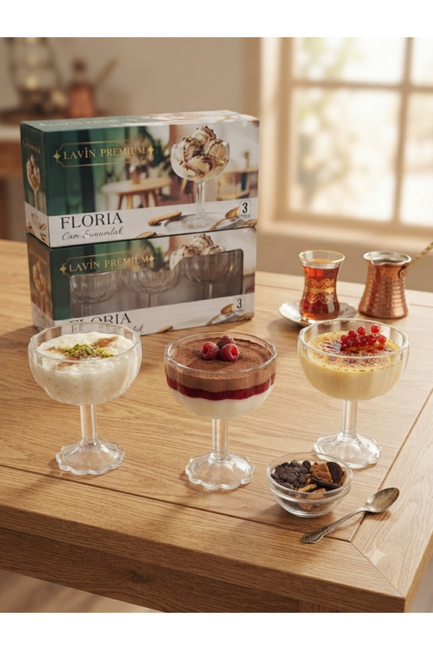 Premium Floria 3-Piece Glass Ice Cream Bowl and Dessert Serving Bowl Set