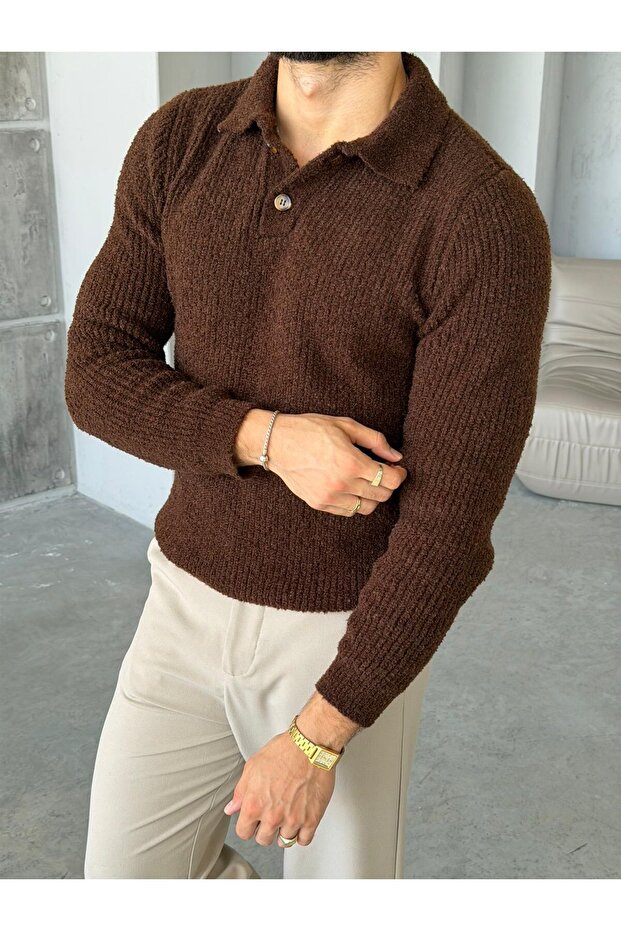 Soft Textured Polo Collar Knit Sweater m - Brown