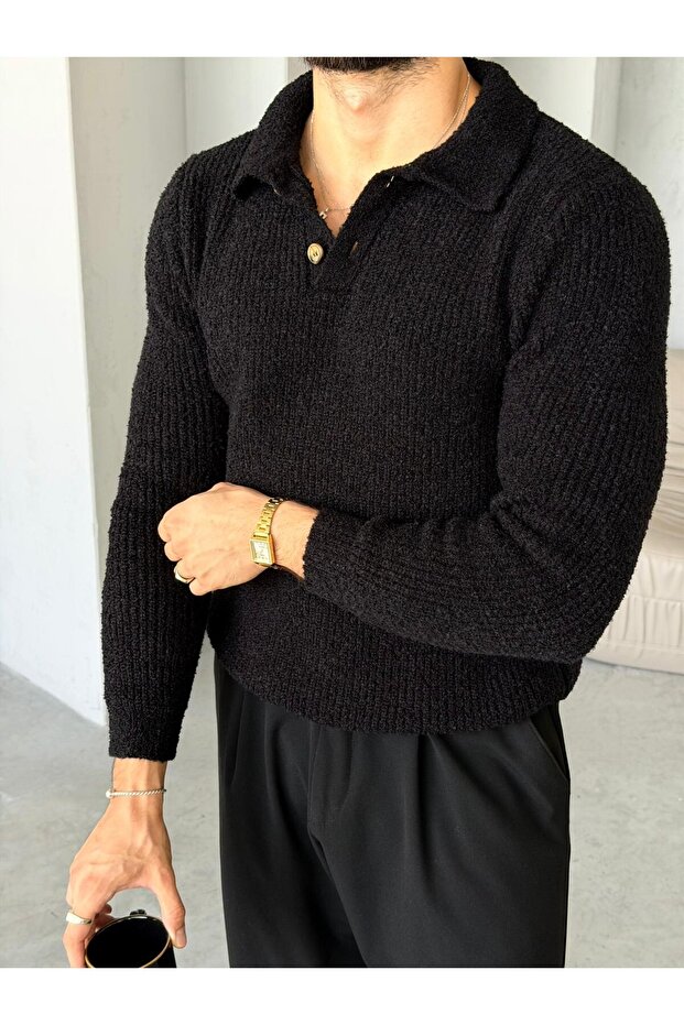 Soft Textured Polo Collar Knit Sweater m - Black