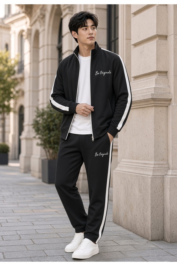Men's Scuba Fabric Zippered Tracksuit Set – White with Black Stripe Detail