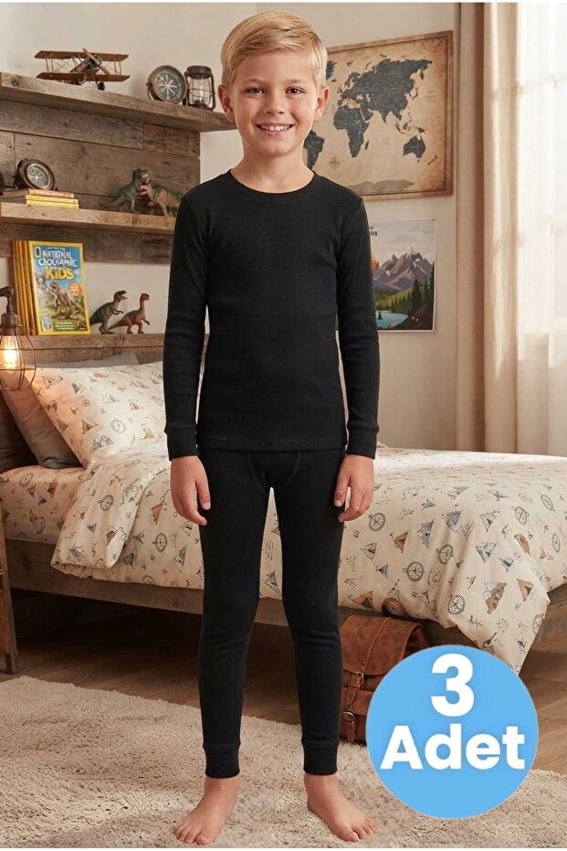 Boy's Black Thermal Underwear Set 3-Piece Set