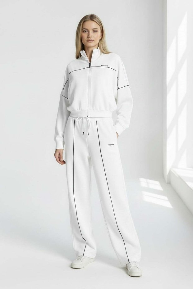 Women's White Oyshoo Low Sleeve Casual Crop Zipper Wide Leg Sweatpants Set - 78077