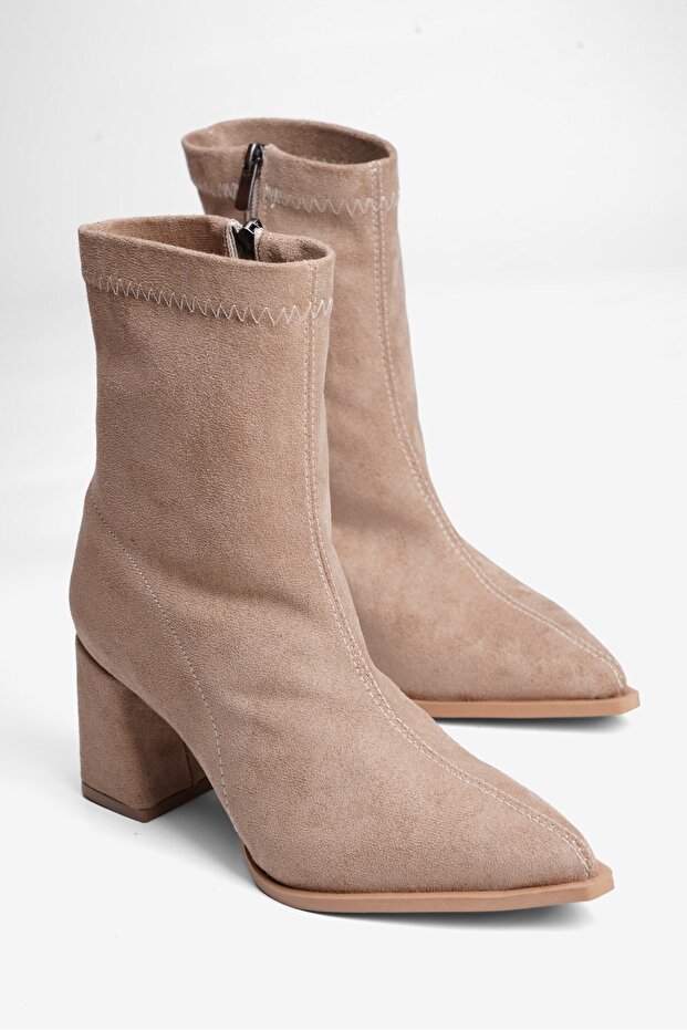 Women's Suede Stretch Boots with Zipper, Heeled, Pointed Toe, Lena Mink