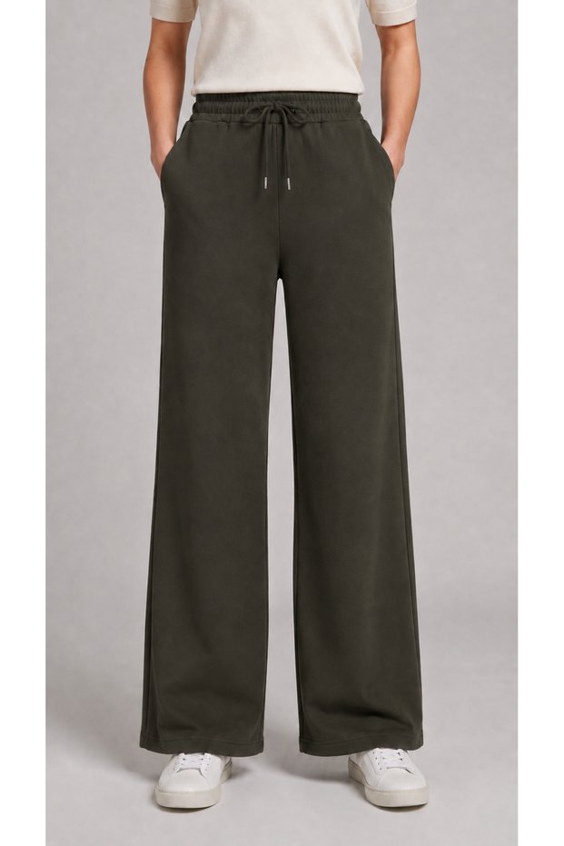 Women's Khaki Palazzo Cut Loose Leg High Waist Sweatpants