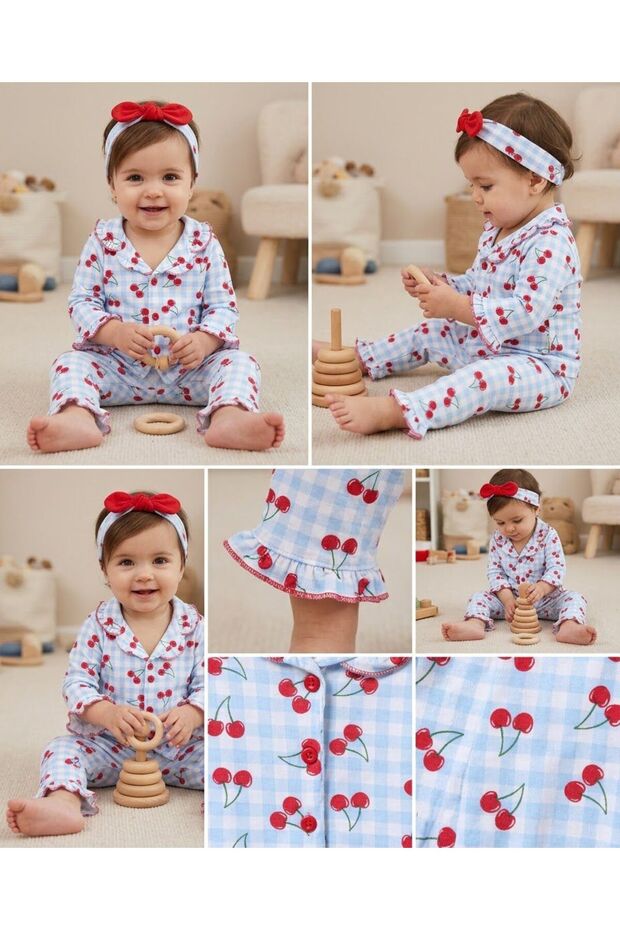 Baby Girl & Child Cherry Patterned Ruffle Bandana 100% Cotton Pajama Set