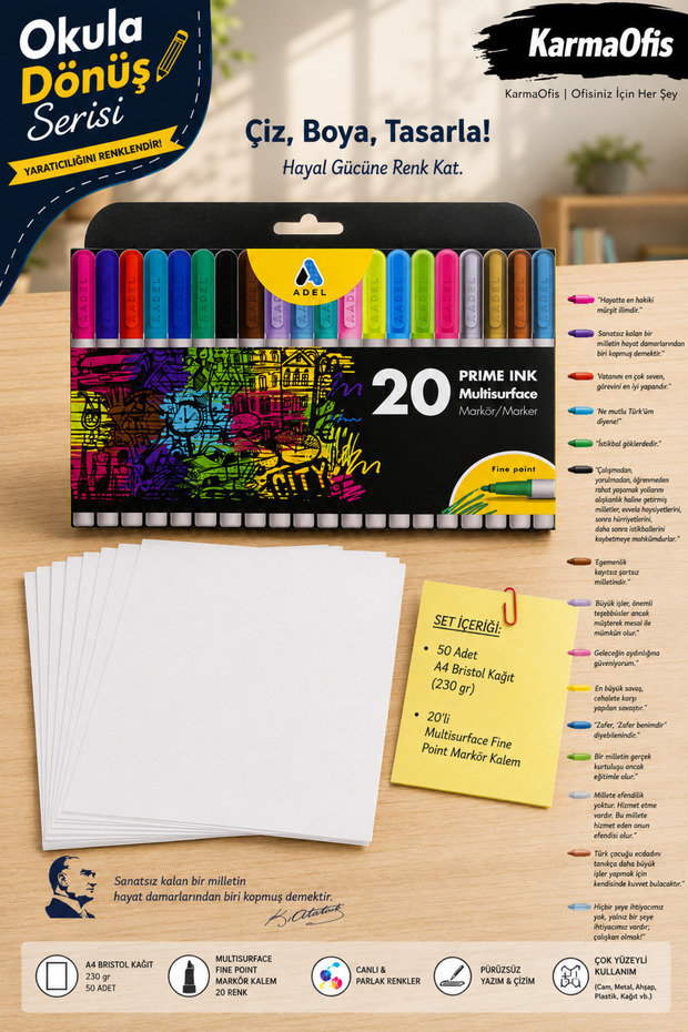 A4 230 Gr Bristol Paper 50 Pieces + Prime Ink 20-Piece Multisurface Fine Point Marker Pen Set
