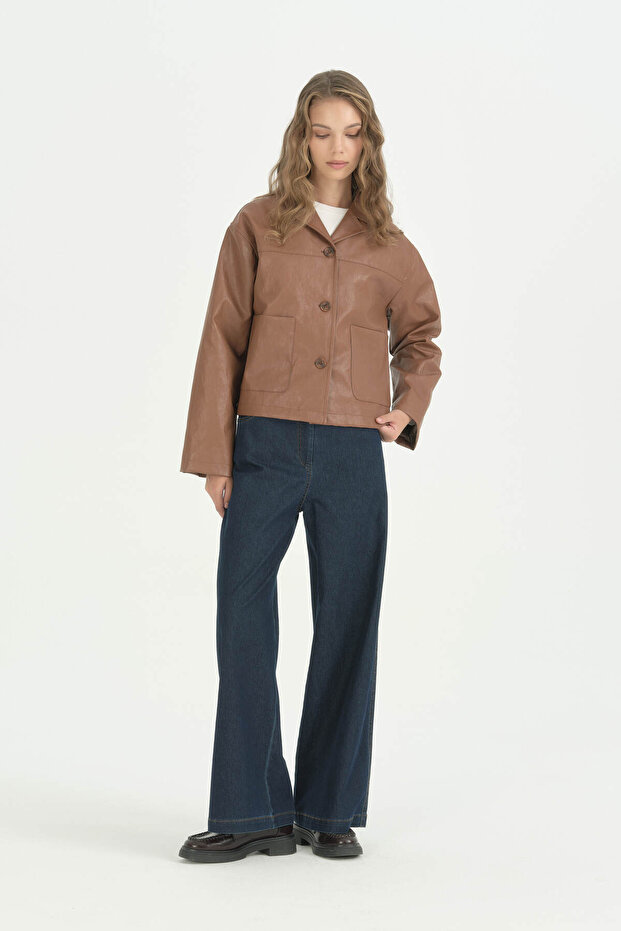 Short Leather Jacket with Pockets - Tan