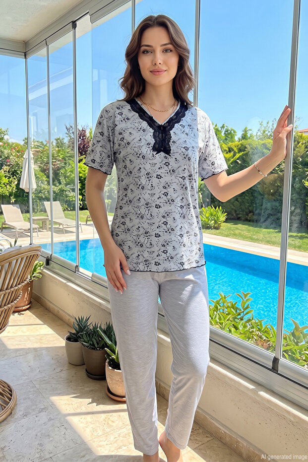 Women's Collar Lace Detail Short Sleeve Combed Cotton Pajama Set 03 Ice Blue