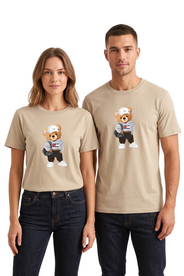 Street Style Teddy Bear Printed Stone T-Shirt with Hat, 100% Cotton, Comfortable Fit