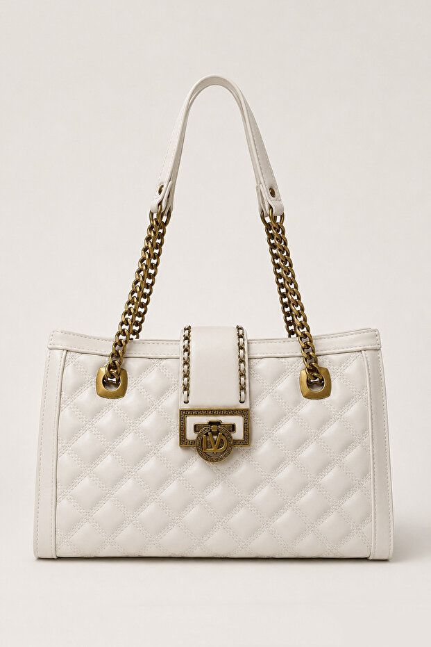 Quilted Embroidered Chain and Folding Lock Detailed Women's Large Stylish Shoulder Bag Cream