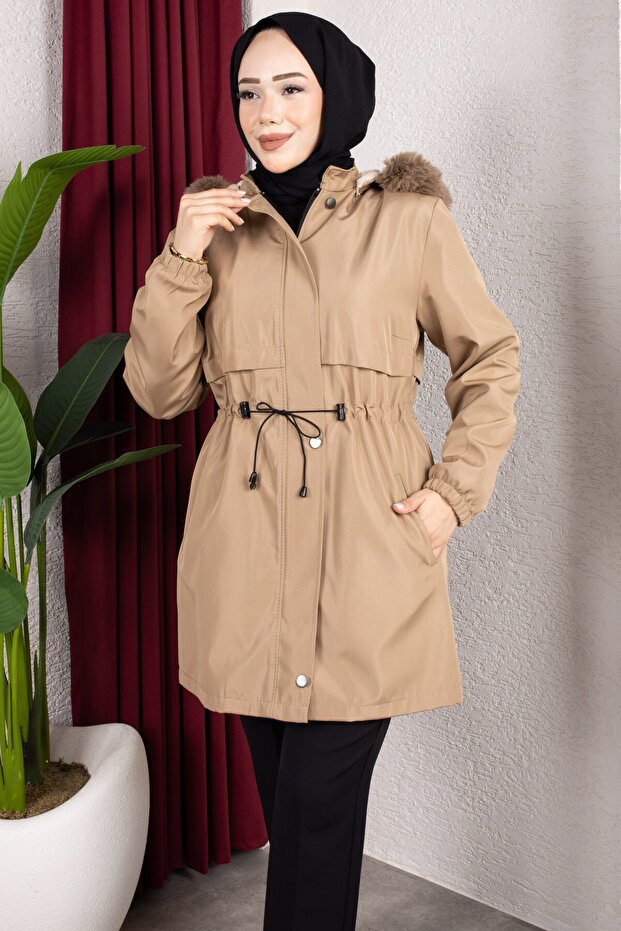 Detachable Hooded Fur and Welsoft Lined Hijab Coat 85cm - Mink