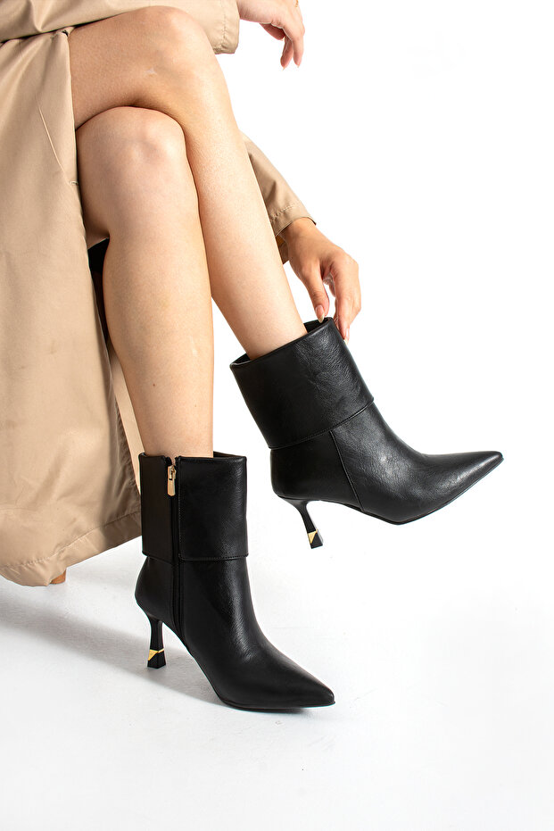 Women's Genuine Leather Look Thin Heeled Zippered Pointed Toe Ankle Boots